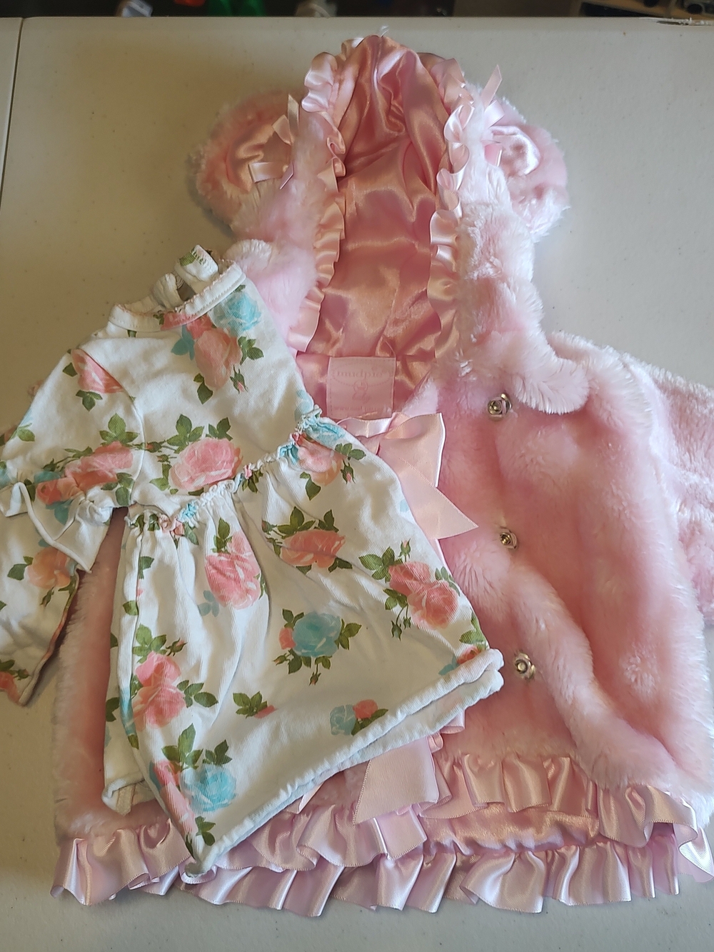 Mud Pie Baby Girl Winter Pink Faux Fur Jacket Cape & Rose Floral Dress Set 0-6M